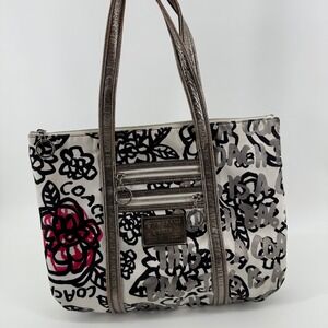 Y2K Coach Poppy Graffiti Tote Bag Metallic Silver Trim Black White Pink 14741